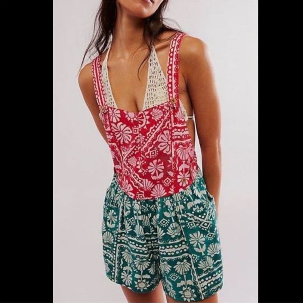 Free People Red and Green Patterned Romper
